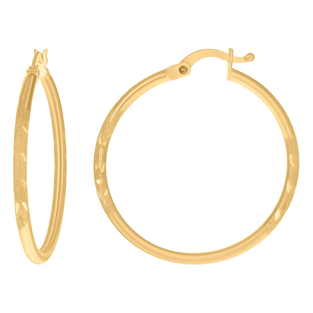 10Kイエローゴールドレディーススパークルカット30 mm x 2 mmラウンドチューブフープピアス-女性用フープピアス