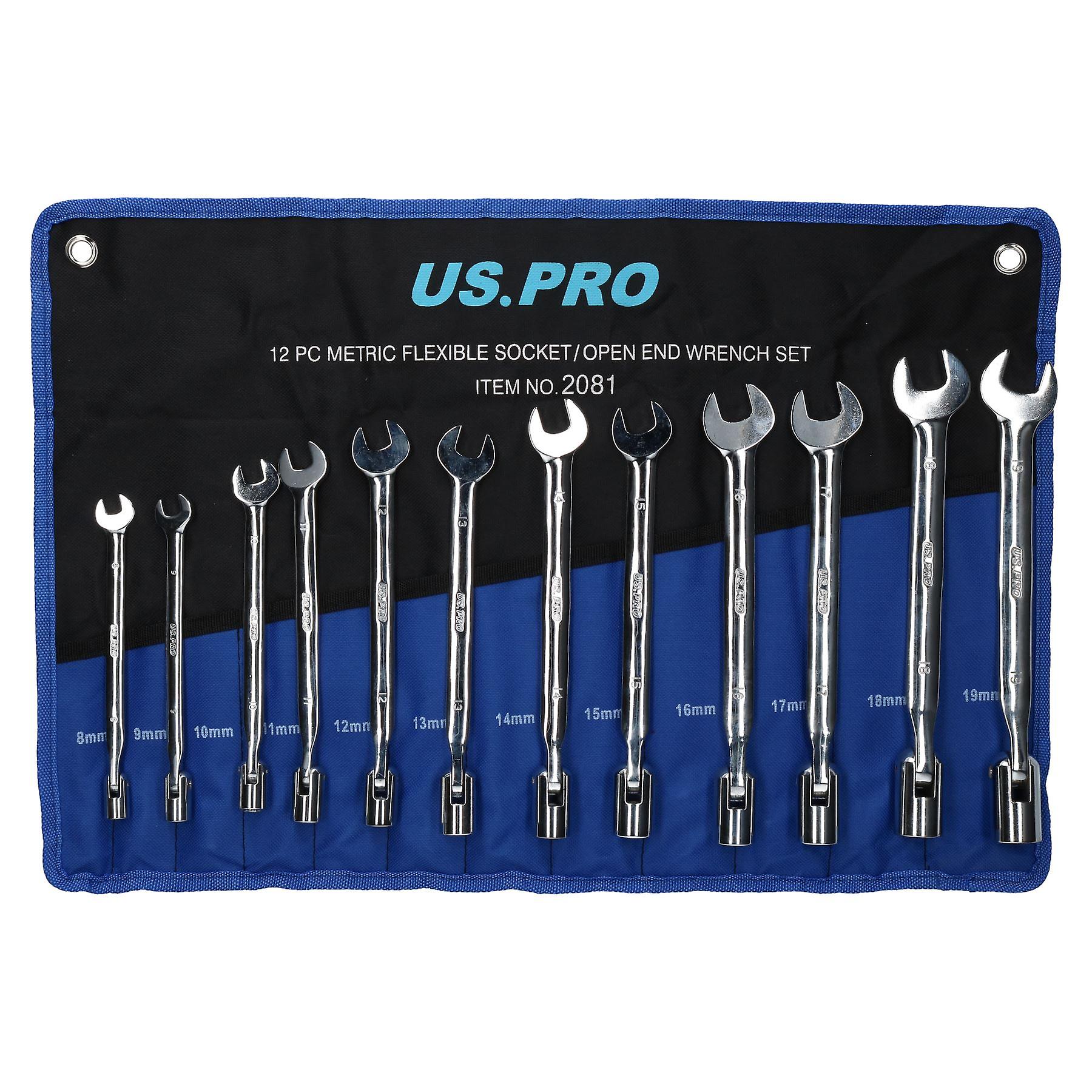 12pc Metric MM Flexi Headed Socket And Open Ended Spanner Wrench 8 - 19mm