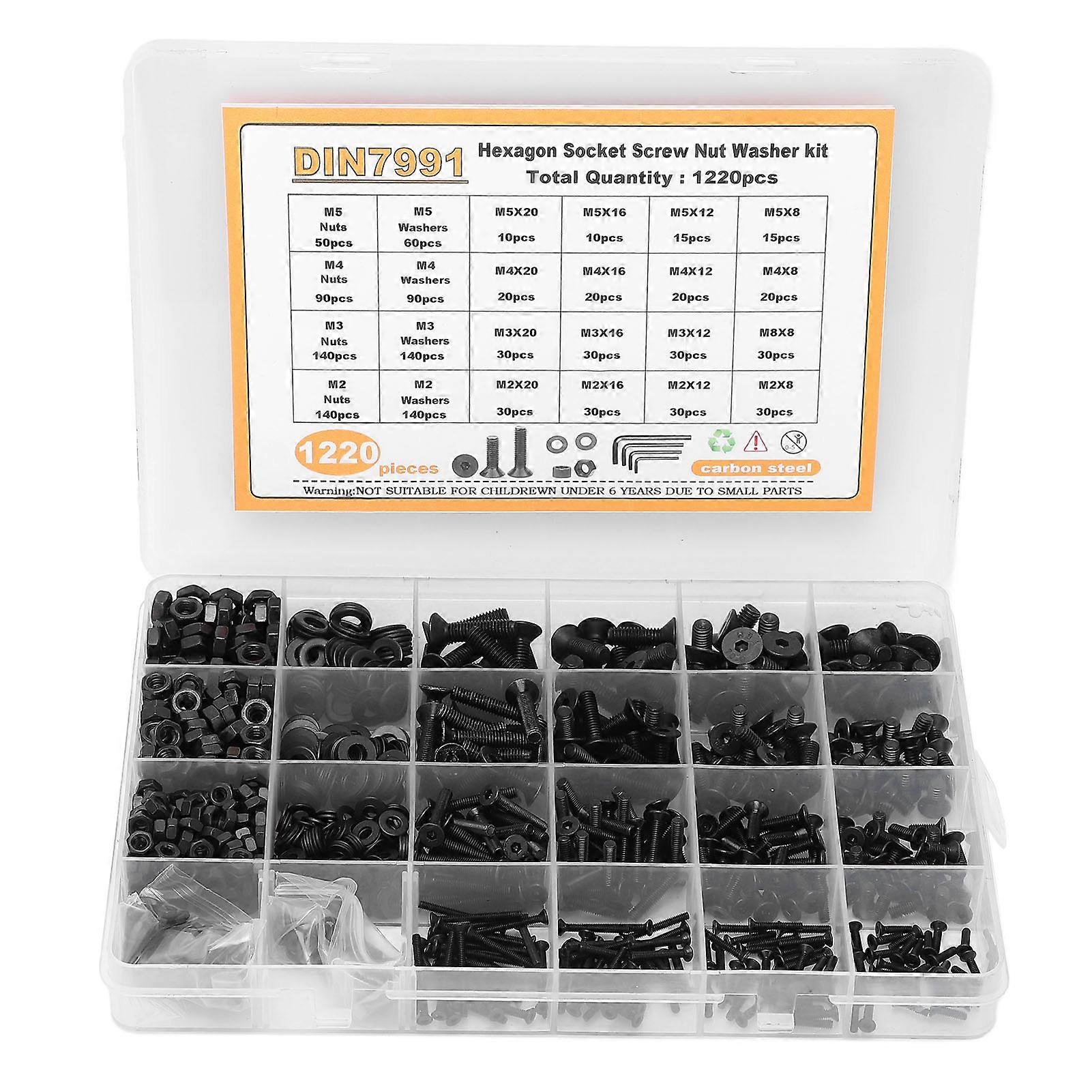 1220Pcs Screw Nut Washer Assortment M2 M3 M4 M5 Flat Head Hex Socket Carbon Steel Fastener
