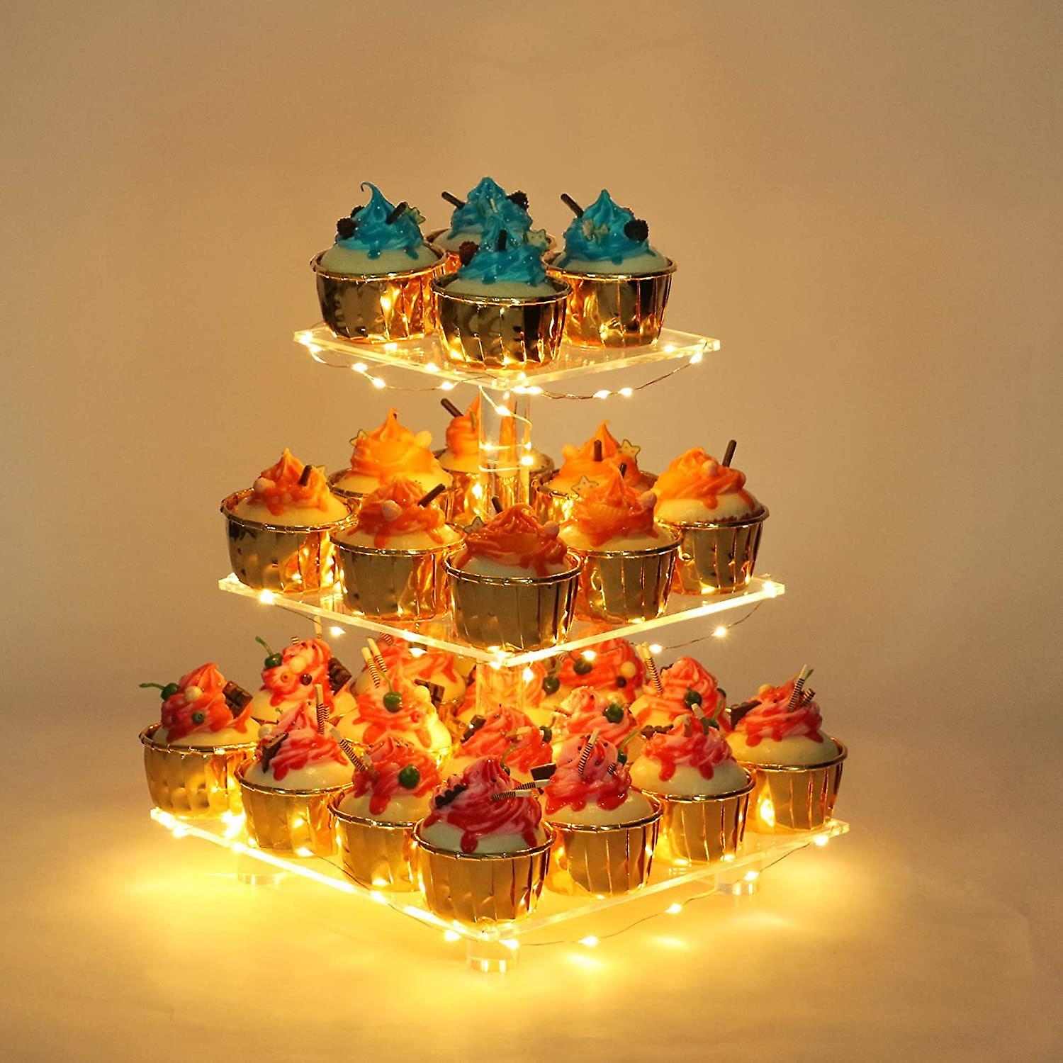 3 Tier Cupcake Stand Acrylic Tower Display with LED Light for Birthday Weddings