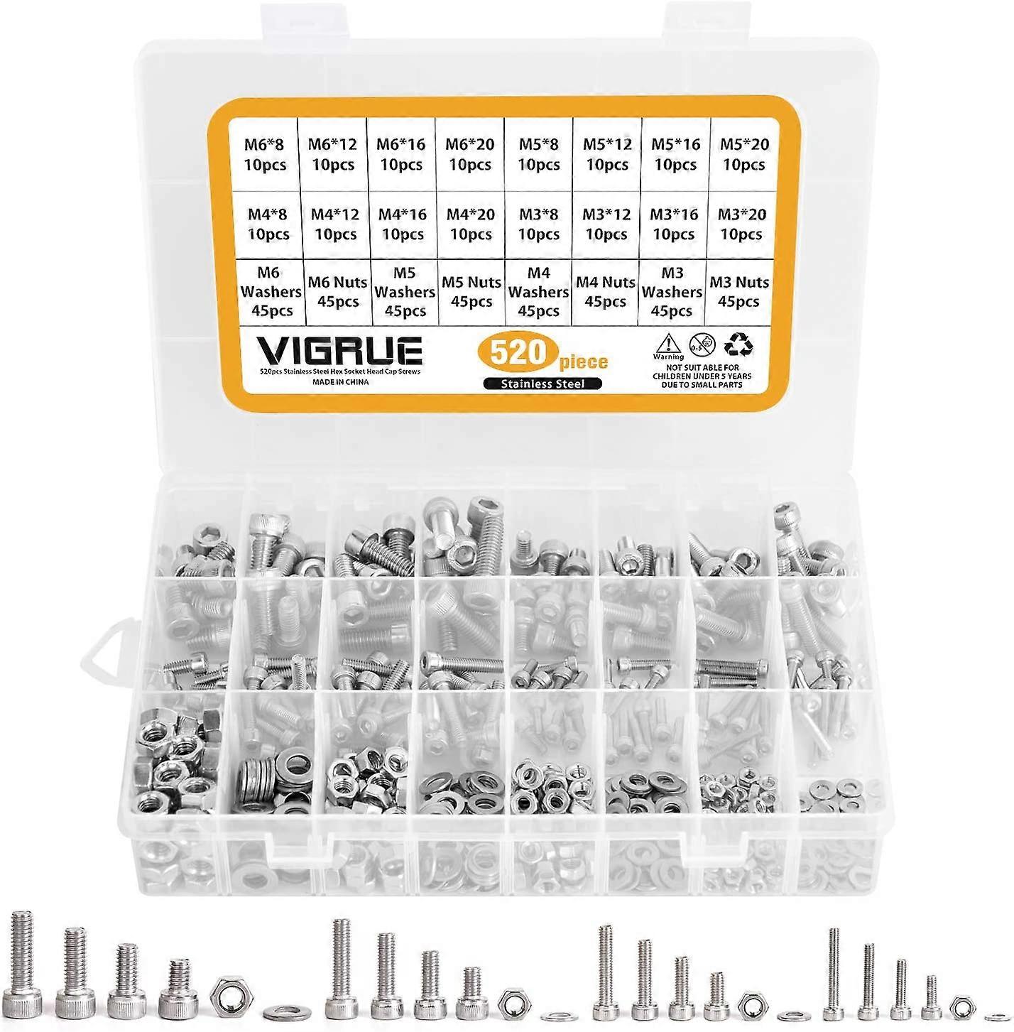 520 PCS M3 M4 M5 M6 en Acier inoxydable Bouton  tte hexagonale Socket Tte Cble Boulons Vis avec crous Assortiment