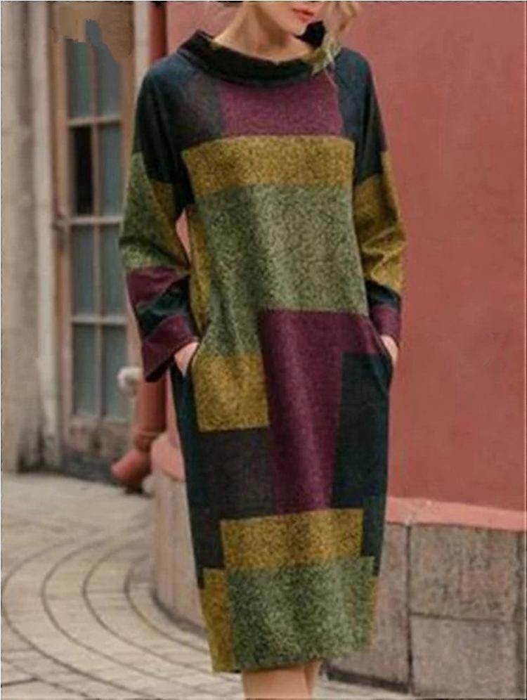 Damen Retro bedrucktes Kleid lockeres mittellanges langärmliges Kleid mit Taschen