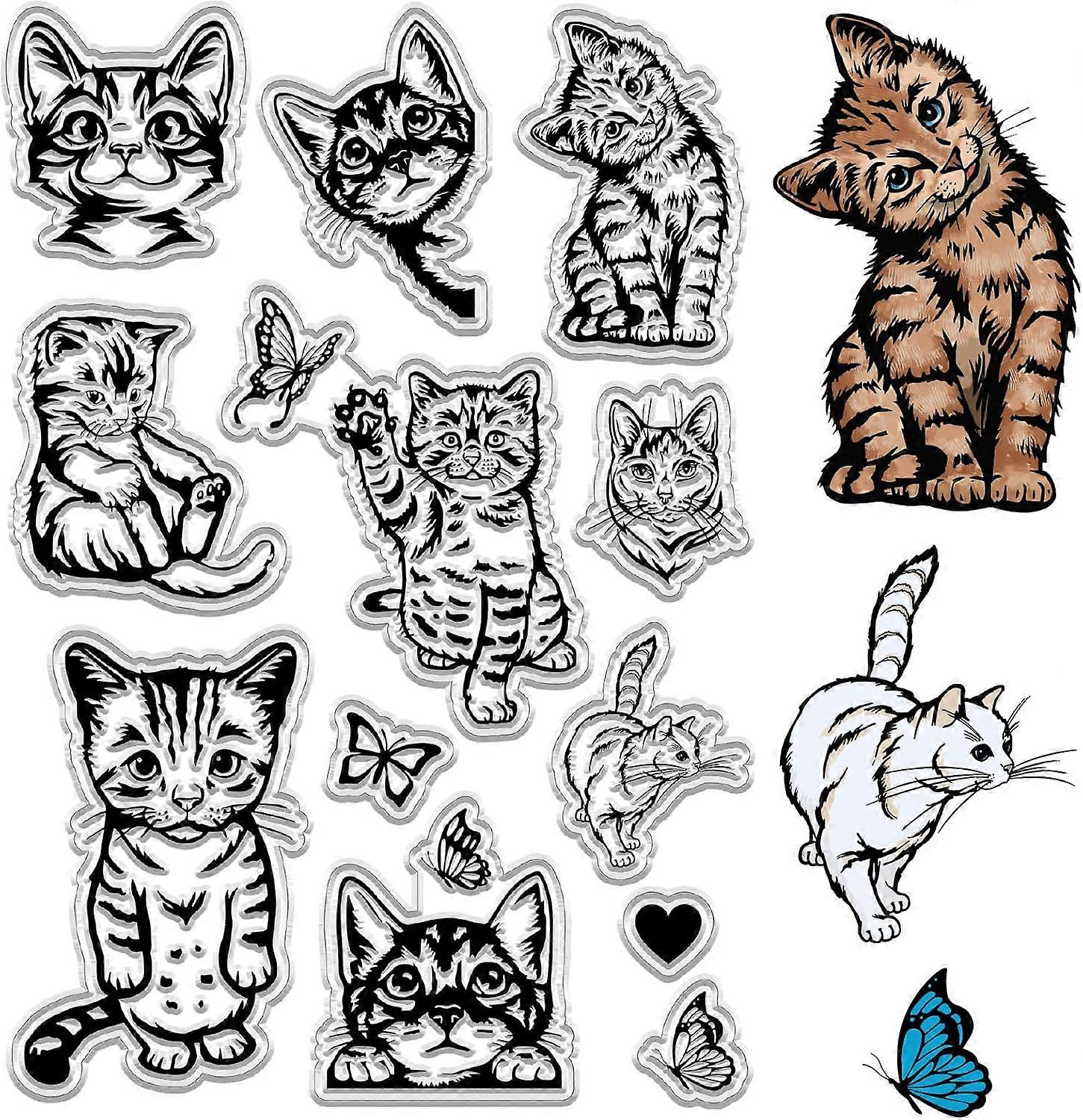 Cat Clear Stamps Cartoon Animal Butterfly Heart Vintage Reusable Retro Postmark Transparent Silicone Stamp Seals for Journaling Card Making Decor DIY