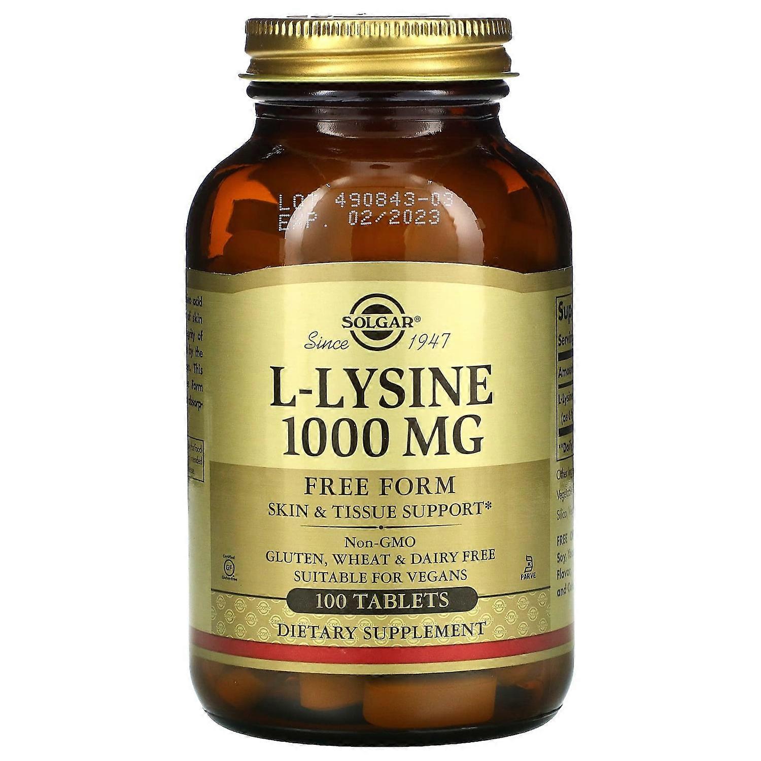 Solgar, L-Lysine, Free Form, 1,000 mg, 100 Tablets
