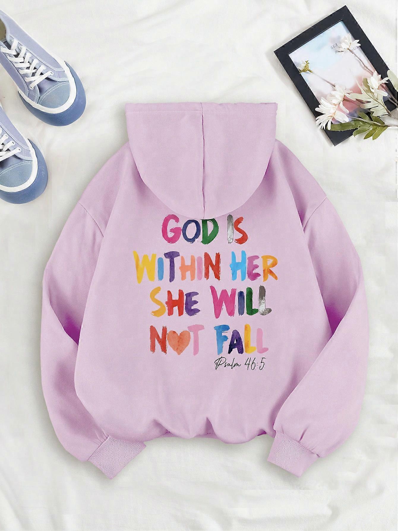 Slogan Graphic Drawstring Thermal Lined Hoodie GOD IS WITHIN HER SHE WILL NOT FALL Psalm