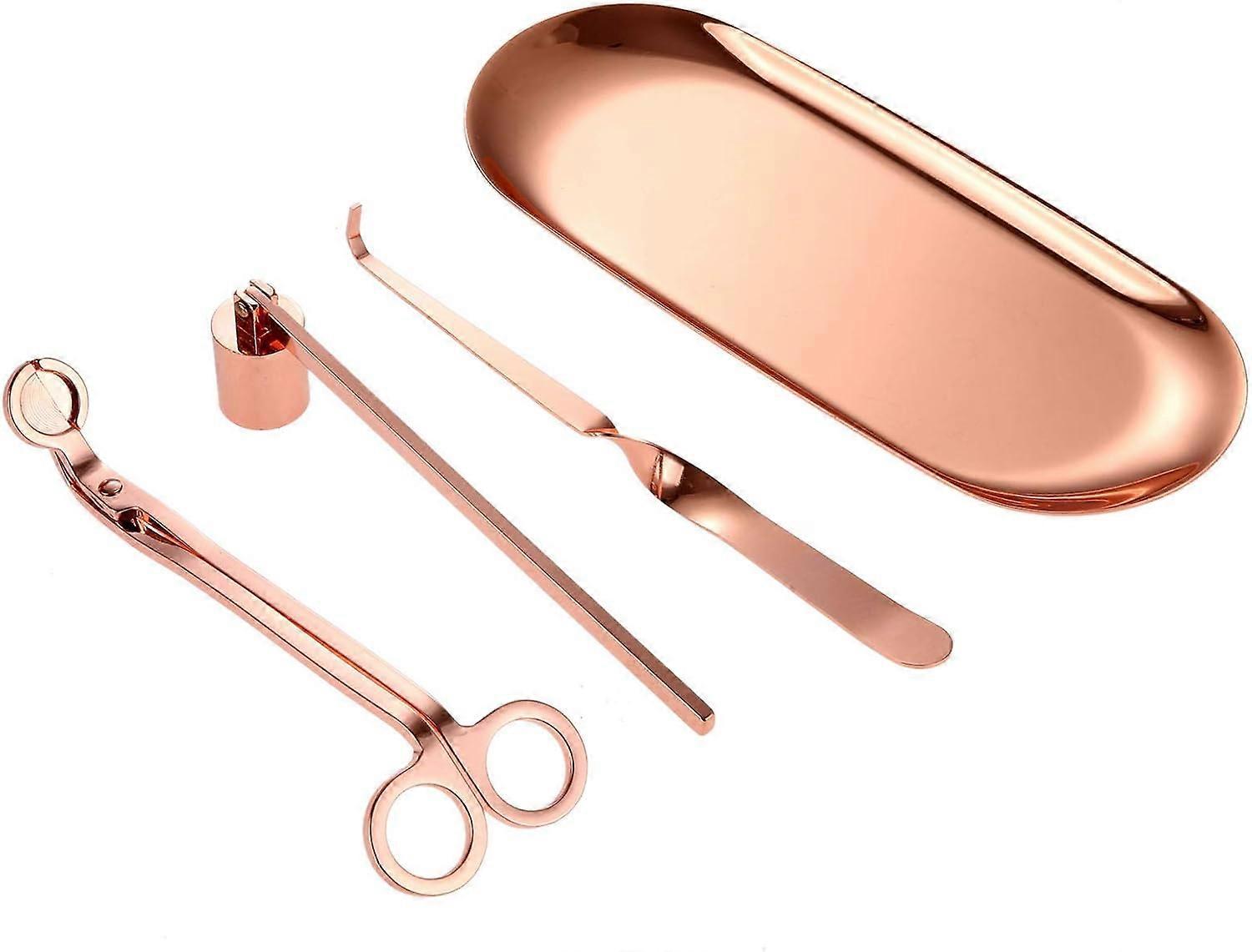 مقص شمعة ، ماكينة تشذيب فتيل الشموع ، صينية الشموع ومجموعة ملحقات الشموع بخطاف فتيل الشموع (ذهبي وردي - 4 قطع)