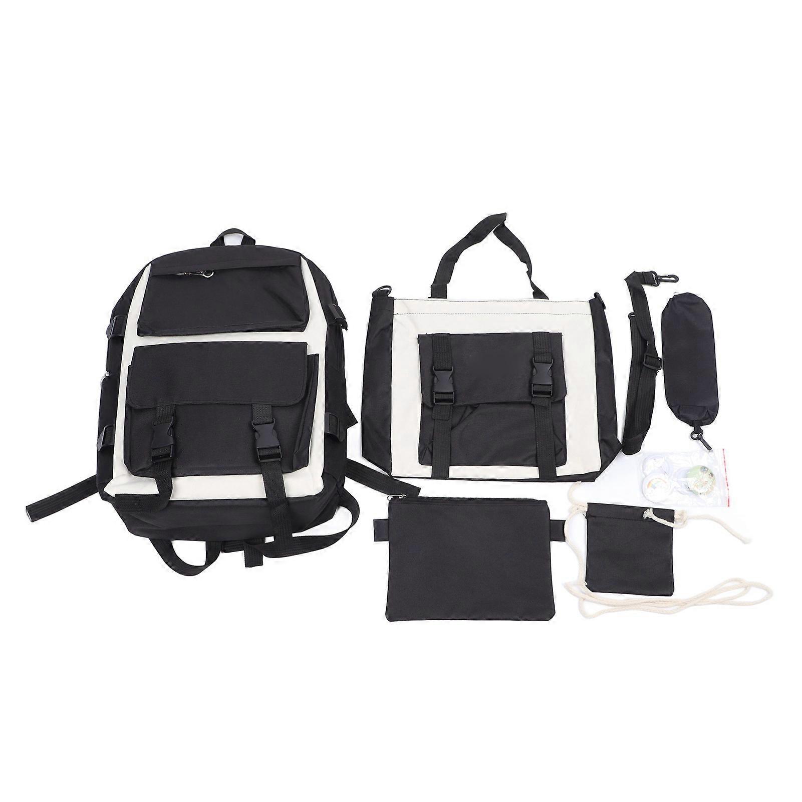 Students Canvas Backpack Set Canvas Multifunctional Storage Casual Zipper Pocket Backpacks Set Black With Pendant