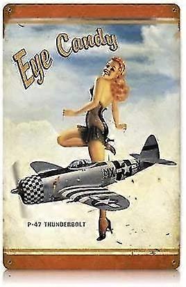 P-47 Thunderbolt Pinup Menina Eye Candy Vintage Metal Sign Military Tin Sign 8x12 polegadas OU 12x16 polegadas M