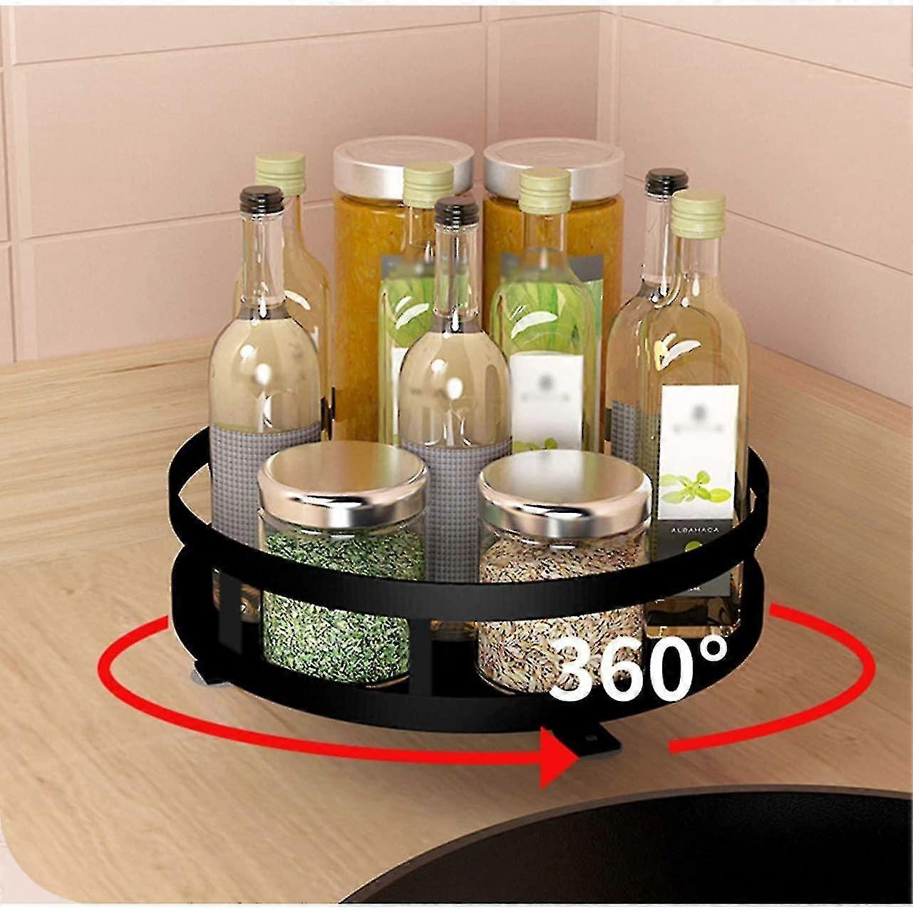 Black Kitchen Cabinet Turntable Spice Rack Metal Rotating Tray Round Spice Hub Rotating 360 Degrees
