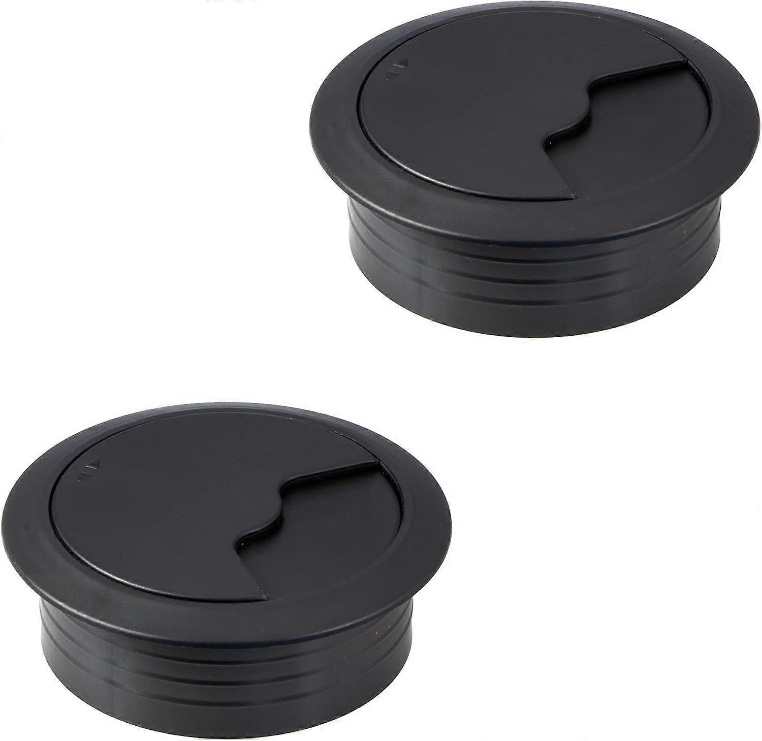 Cable grommet - TABLE - Cable socket 60 mm hole - 2 wireless round cable grommets - Matt Black Plastic - Push-in cable guide - Desk trunking - cable