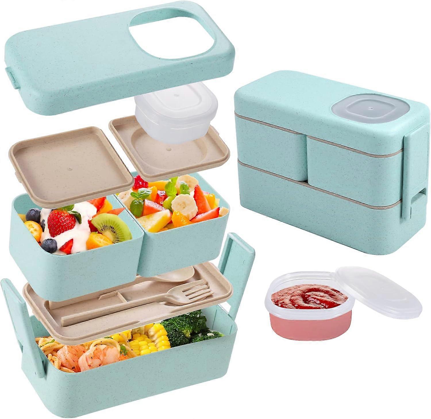 Bento Lunch Box, 2 Layer Leak Proof Bento Box with 3 Compartments and Sauce Pot Cutlery Stackable Salad Box for Kids and Adults