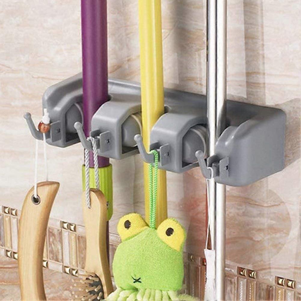 Multifunctional Wall Mounted Broom Holder - 3 Slots 4 Hooks