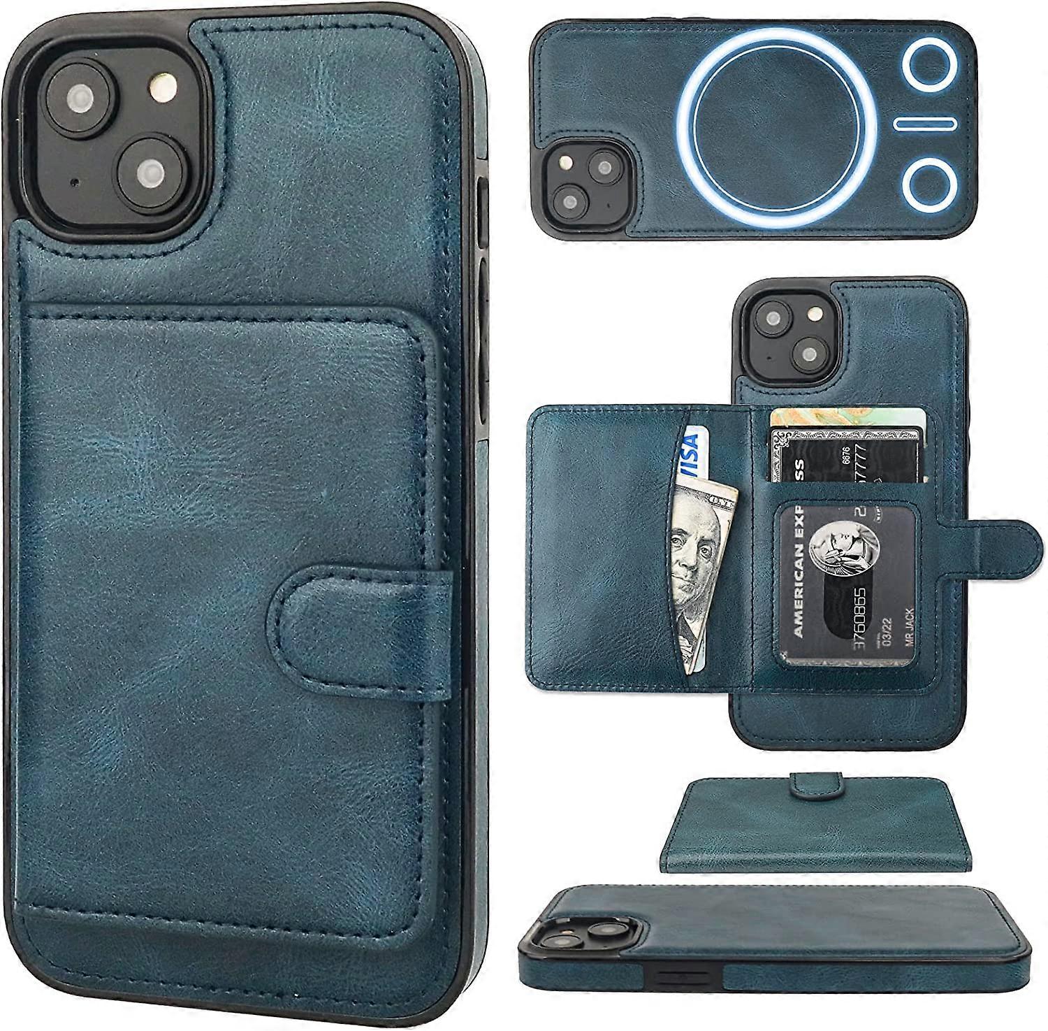 Wallet Case for iPhone 14 Plus Compatible with MagSafe Magnetic RFID Blocking Detachable Premium PU Leather Flip Case with Card Slots Holder Kickstand