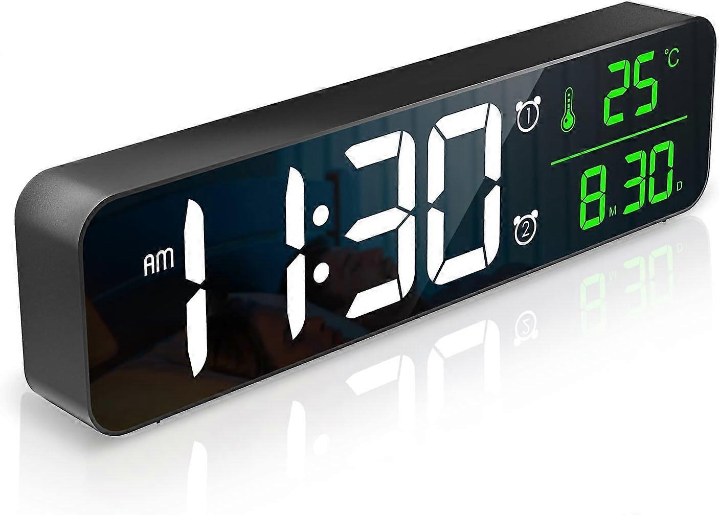 Large Display Digital Alarm Clock, LED Bedside Clock, Mirror Electric Desk Clocks with Date, Time, Temp Display