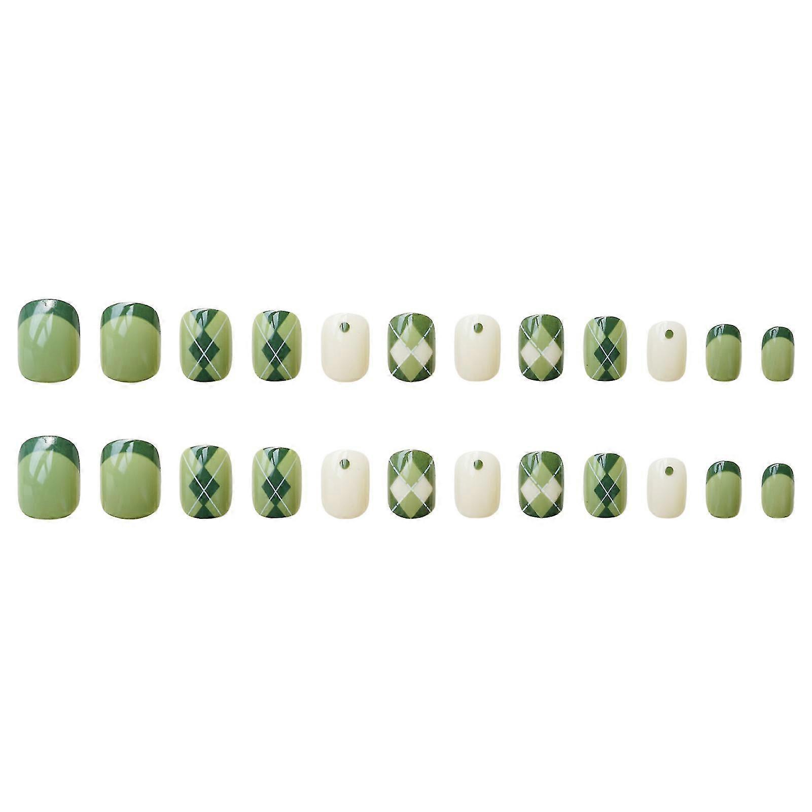 24pcs Short Press On Nail Cute Checkerboard Design Full Coverage Nails