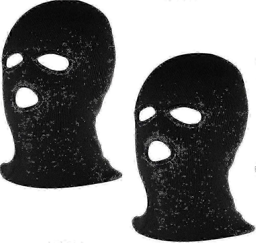 2pcs Black 3-hole Full Face Ski Mask Warm. Double Knit Winter Balaclava For Outdoor