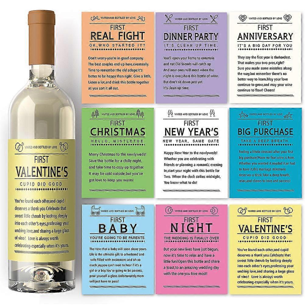 1Set 18 Sheets 9 Style Coated Paper Adhesive Sticker Wine Bottle Adhesive Label Wedding Theme Rectangle Word Pattern Mixed Color 2 sheets/style 18 she