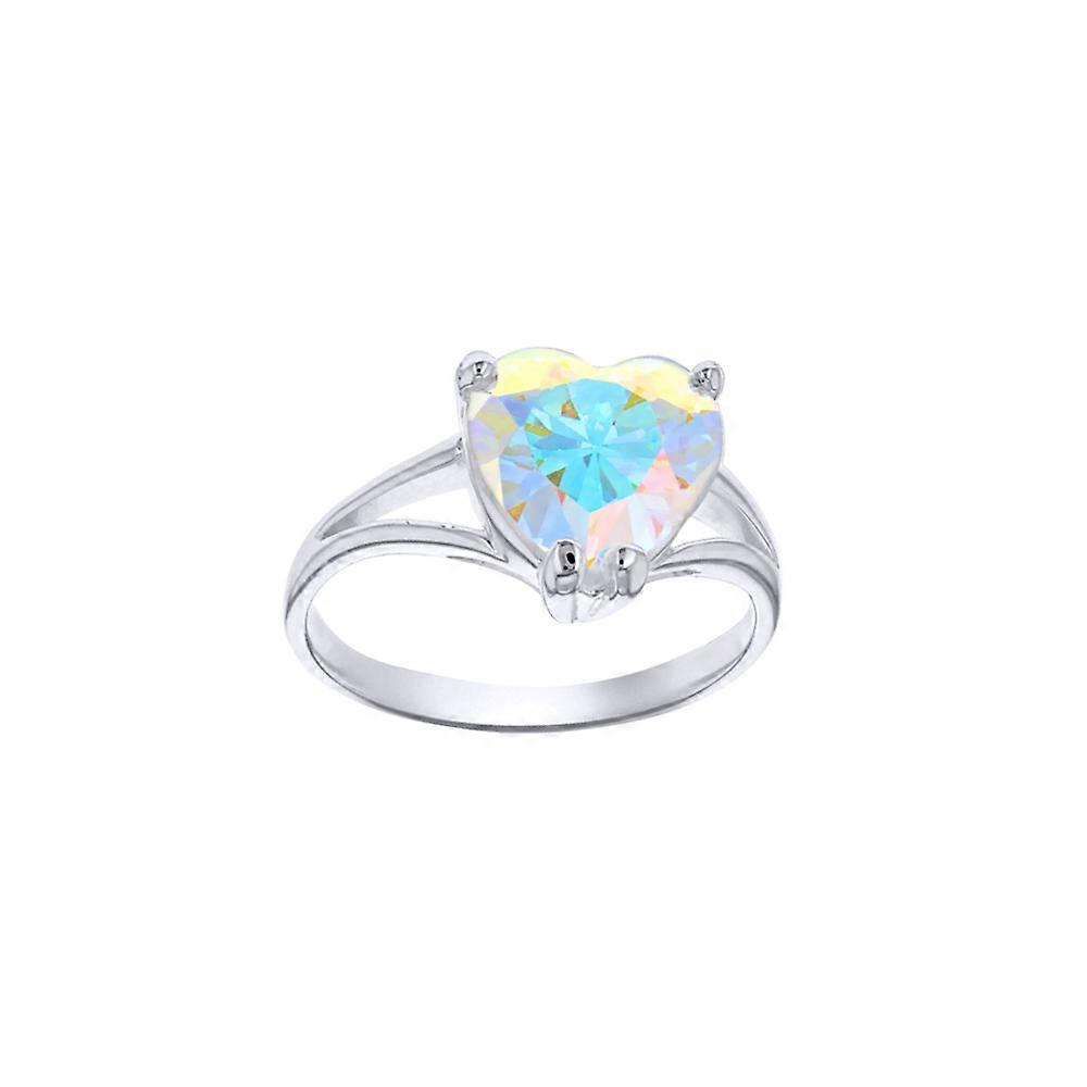 Jewelco London 女士纯银 Aurora Borealis Love Heart 立方氧化锆彩虹 Love Heart 开叉肩单石戒指,10 毫米
