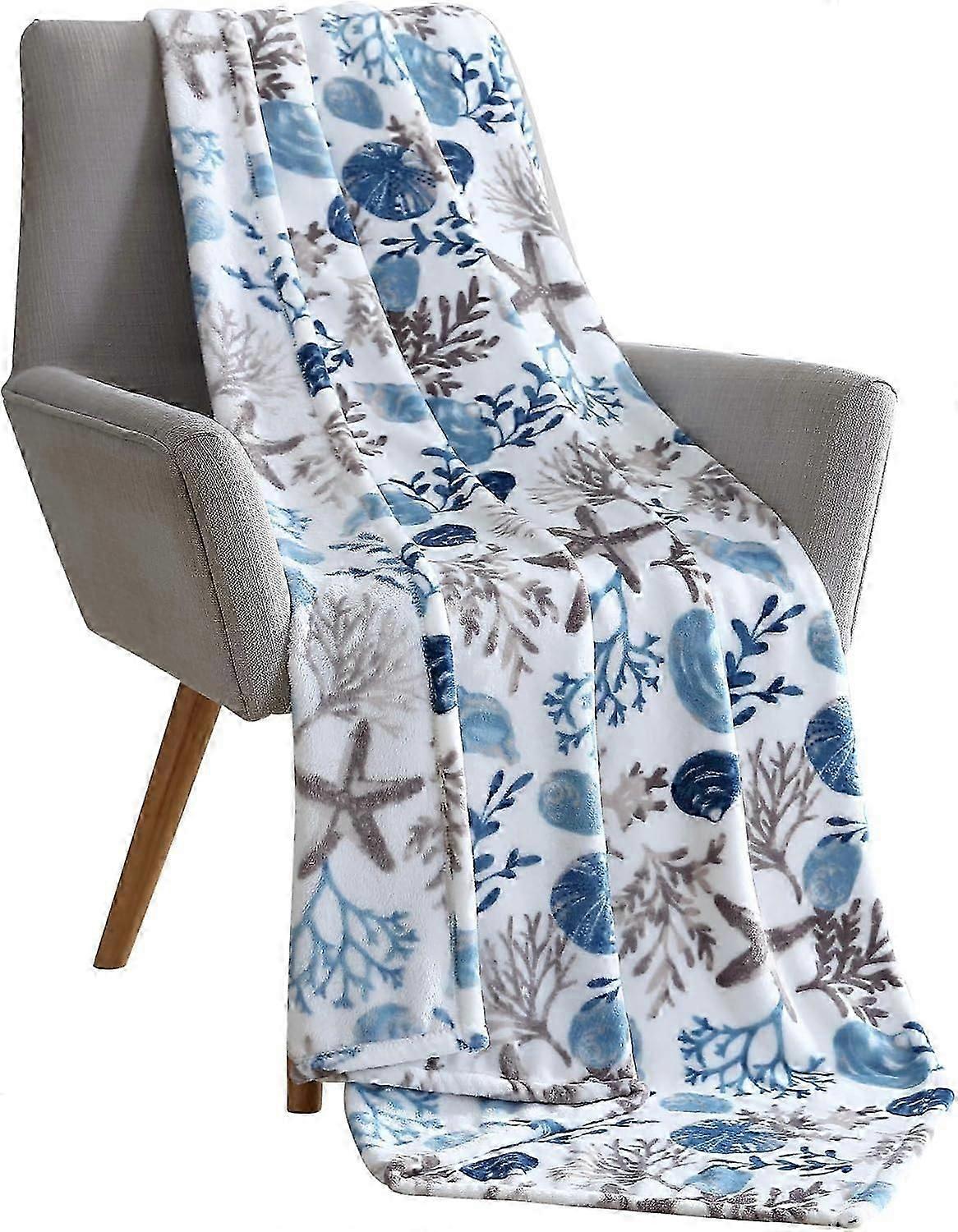 unique Coastal Ocean Beach Throw Blanket: Soft Plush Velvet Fleece Seashells Hues of