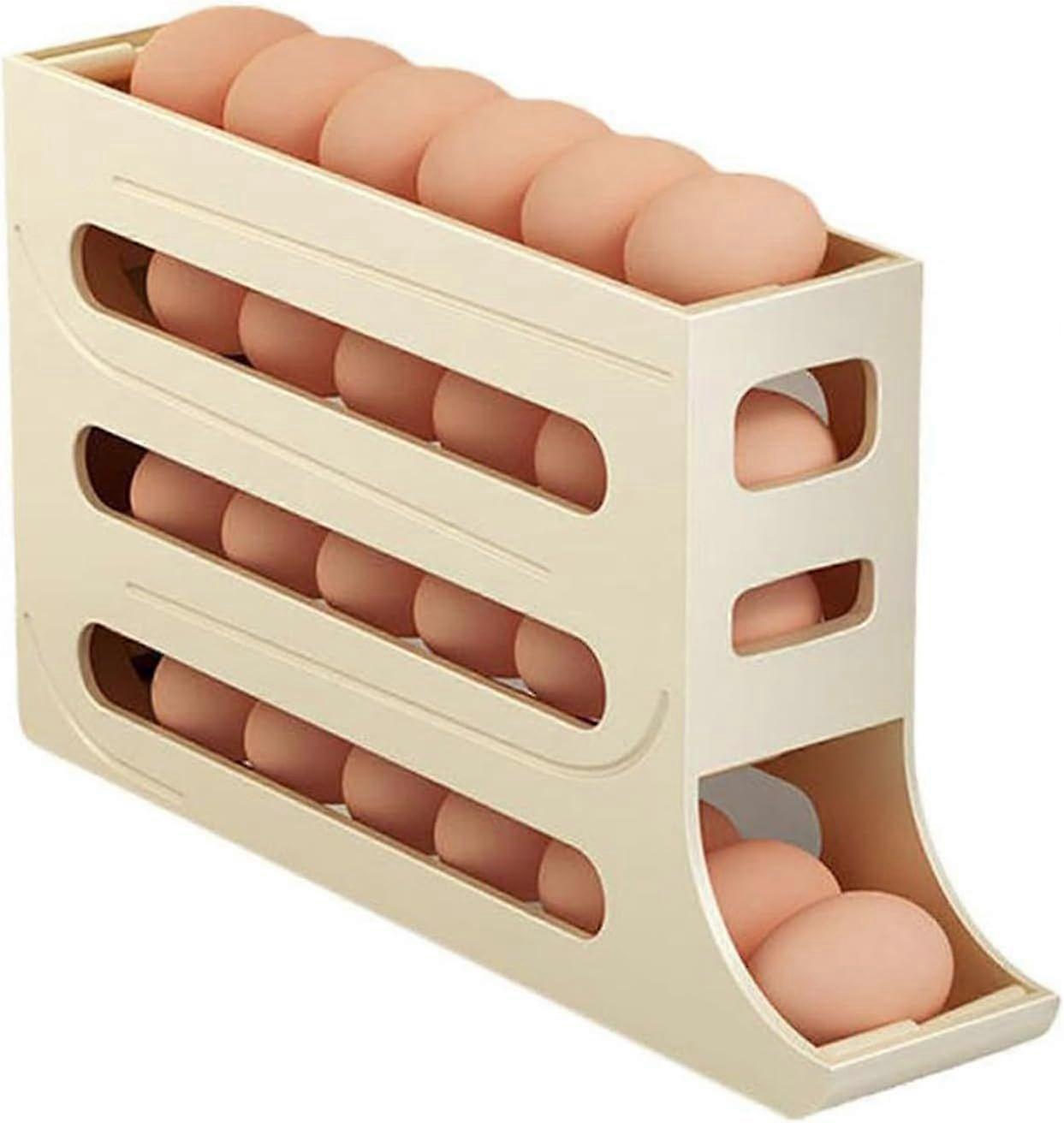 Egg Box, Fridge Storage Box, Creative Kitchen Multifunctional Stackable Portable Egg Storage Box with Transparent Lid, Automatic Roll Eggs (Beige)