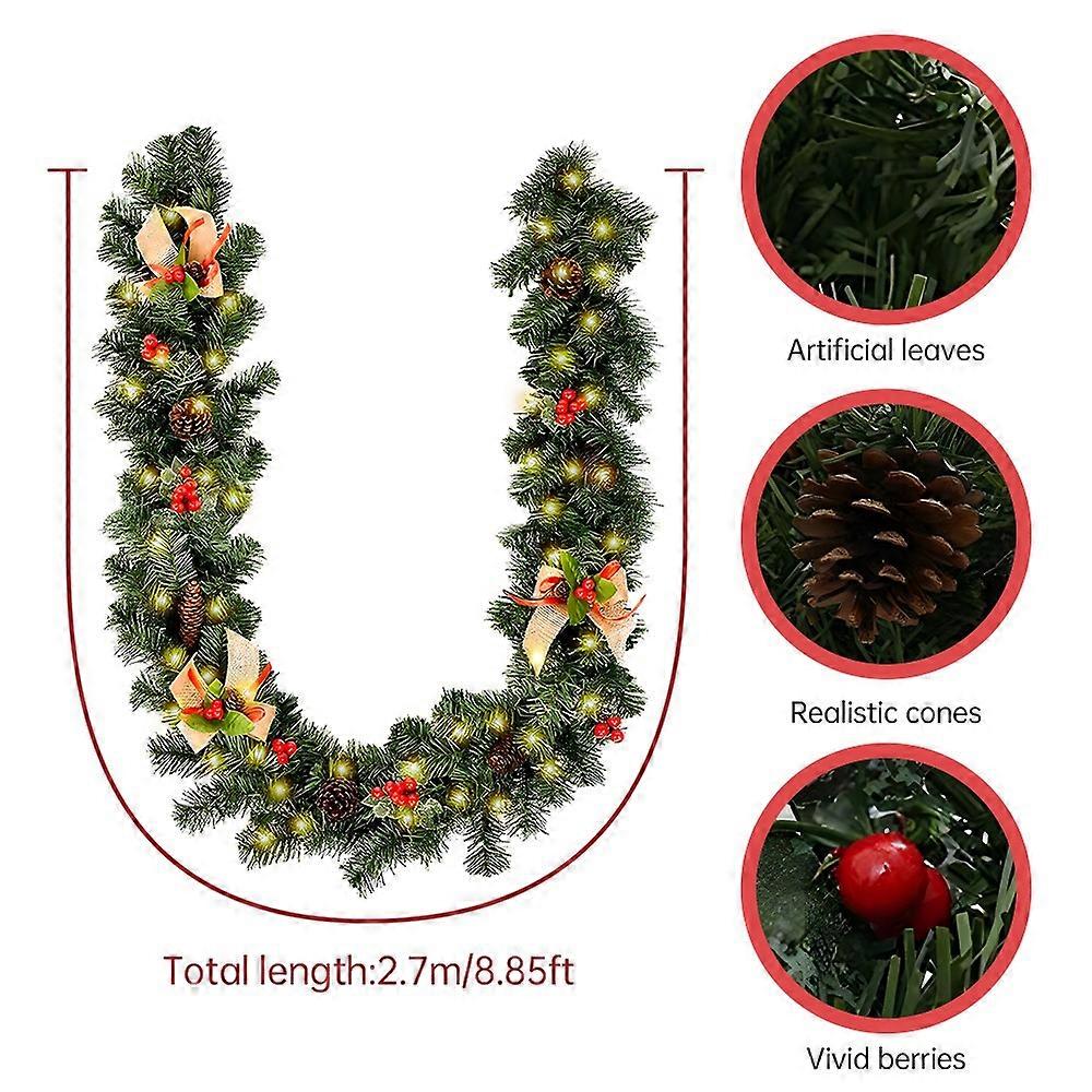 8.8FT Christmas Garland with 50 LEDs 8 Light Modes Battery Powered Merry Christmas Hanging Garland A