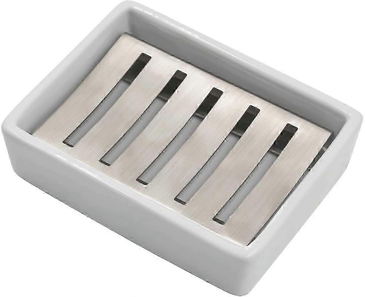 SUS304 Stainless Steel Ceramic Bathroom Soap Dish, Double Layer, Self-Draining