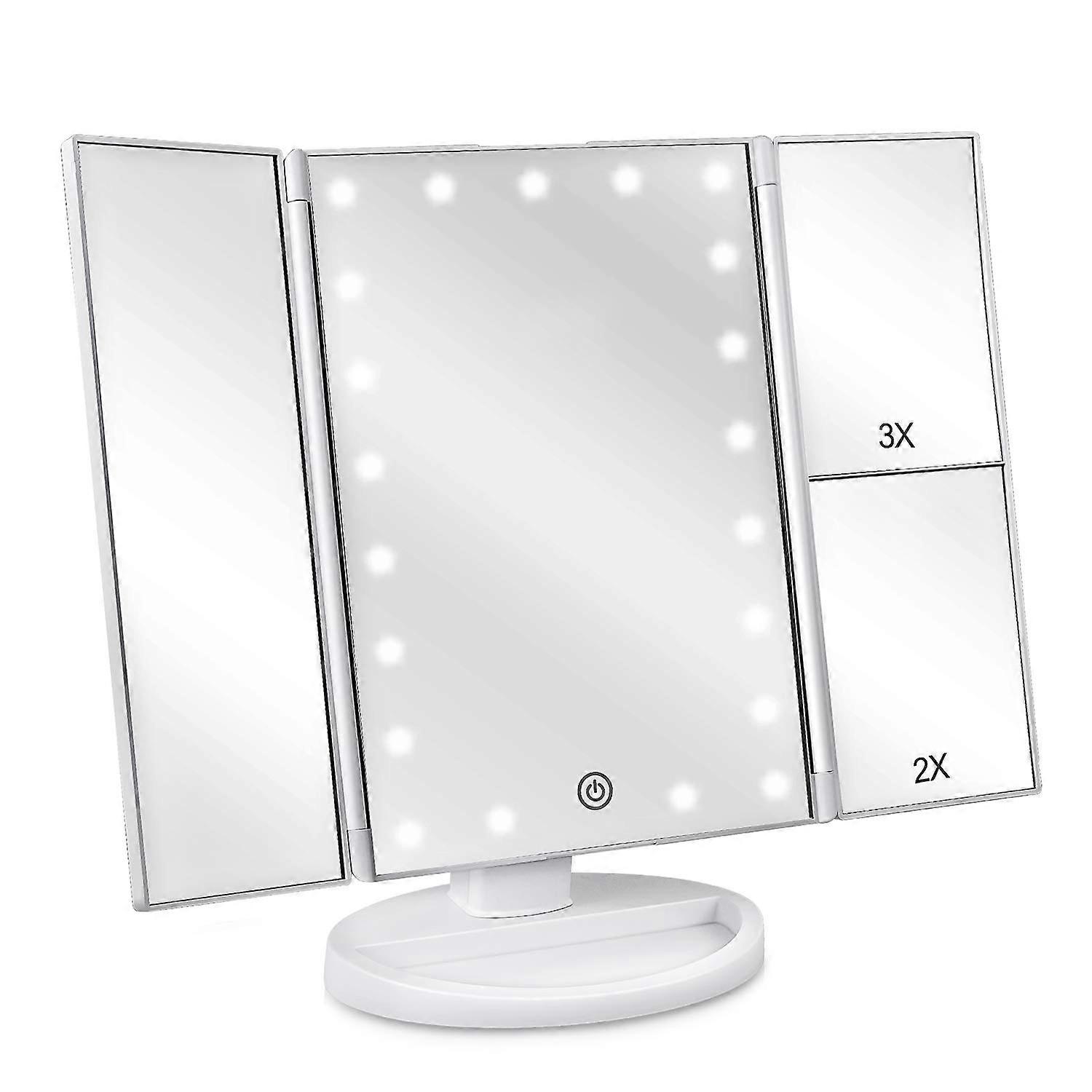 Floor Mount Tri-Fold Lighted Vanity Mirror 21 LED Lights 3X 2X 1X Magnification Touch Screen Power Supply Modes