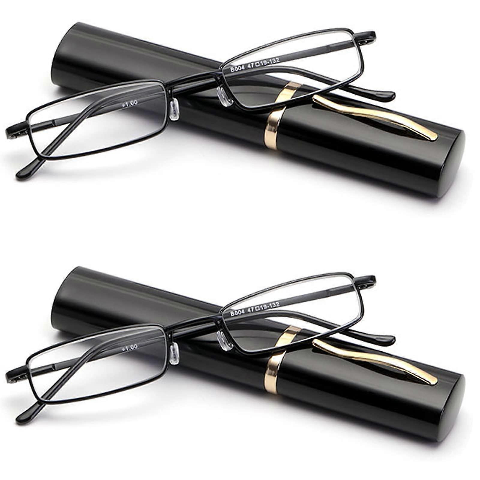 Slim Mini Metal Reading Glasses +1.5 Strength, Compact Black Readers with Protective Case, 2 Pairs