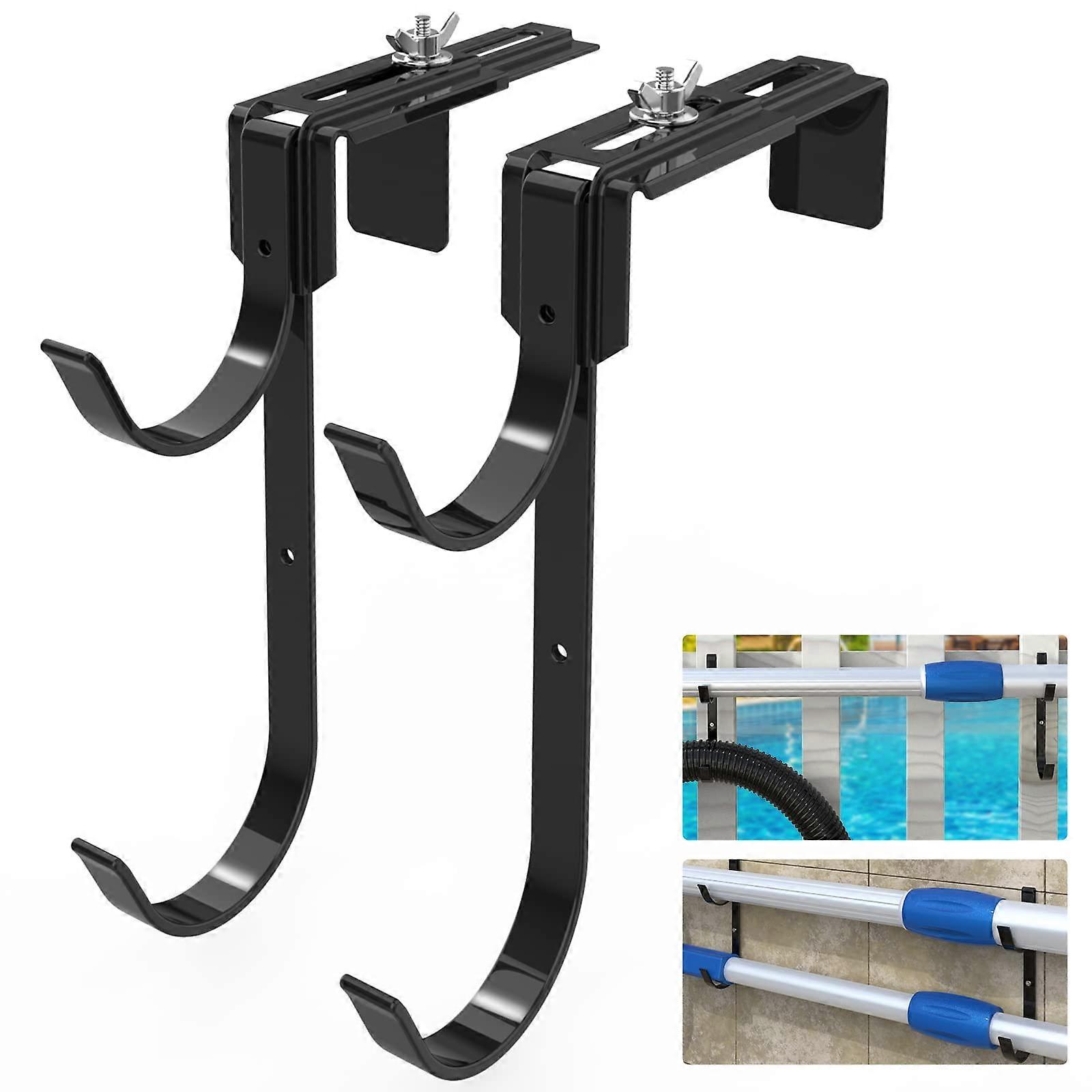Pool Pole Hanger Set, 2 Adjustable Swimming Pool Pole Hooks, Heavy-Duty Double Wall/Fence Mount, Compatible with Standard Poles