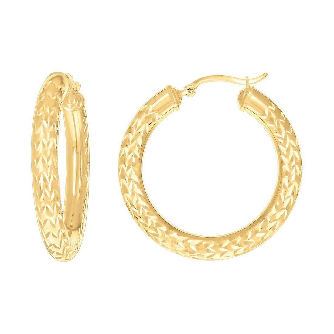 10Kイエローゴールドレディーススパークルカットラウンドチューブパターンフープイヤリング女性用38x5mmワイドフープイヤリング