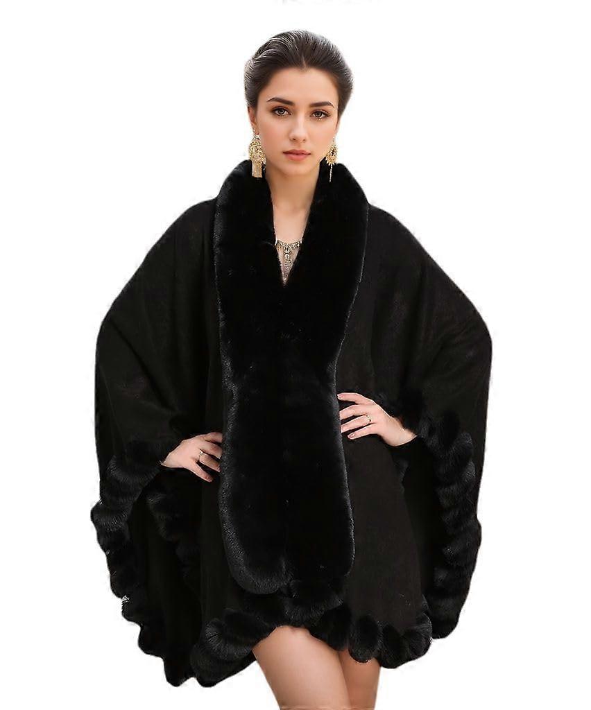 Faux Fox Fur Trim Cardigan Cloak Shawl Wraps Winter Poncho Oversized Cape