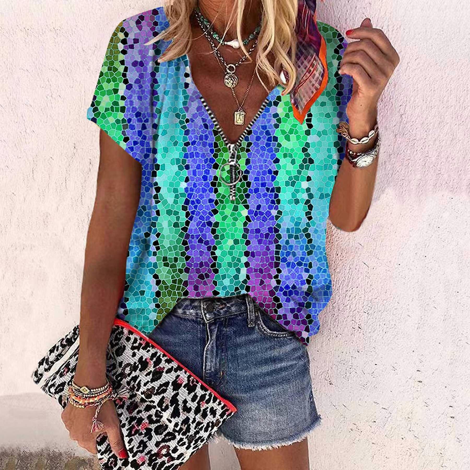 Pentru femei Top Vară Nouă Modă Trandafir Floare Multicolor Grafic Imprimat Casual Fermoar Decolteu în V Manșon scurt Top