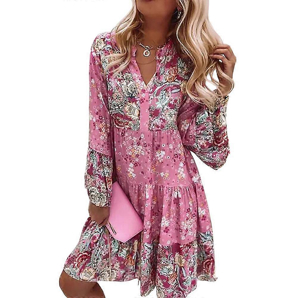 Women's Spring and Autumn Dress Mori Plus Size Women's Dresses V-neck Printed Flared Sleeve Dresses