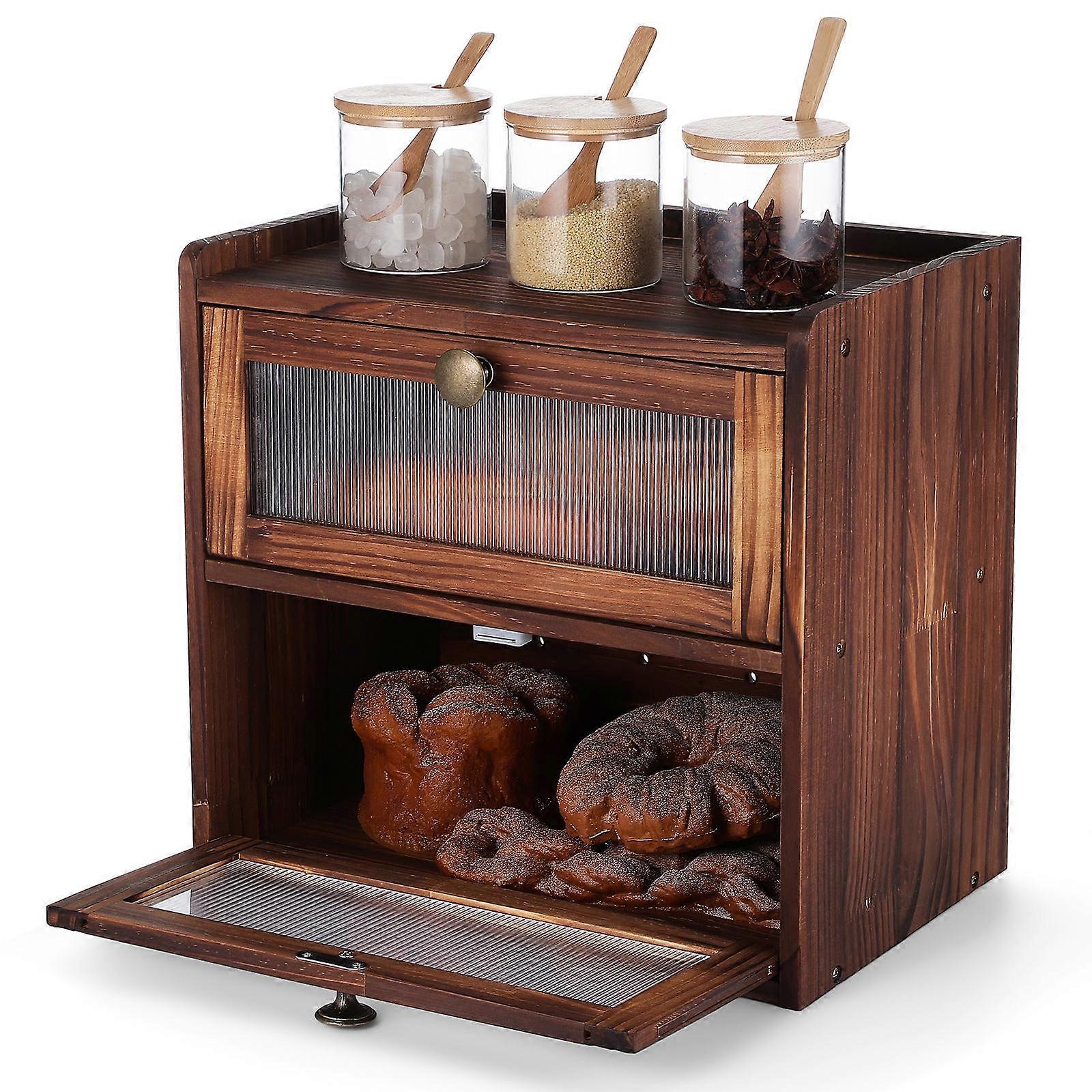 Double Layer Solid Wood Bread Box with Ventilation – Rustic Kitchen Storage Organizer for Bread, Fruits, Vegetables, and Spices