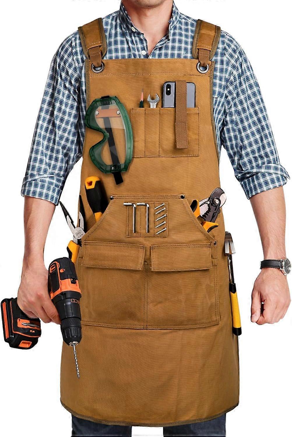 Heavy Duty Woodworking Apron – 20oz Canvas with 9 Tool Pockets, Adjustable (S-3XL) – for Woodworkers, Blacksmiths & DIY (Khaki)