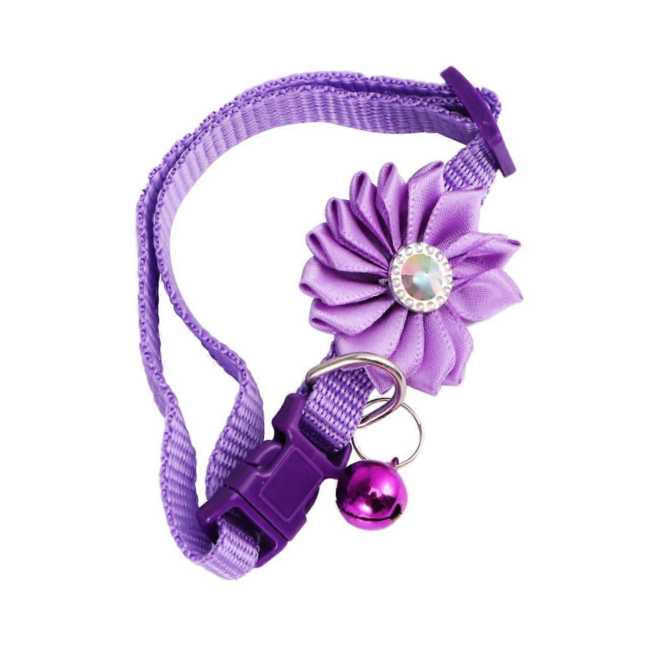 Bell Collar for Pets Adjustable Kitten Collar with Pendant Embroidered Name Tag Colorful Flower Design Purple