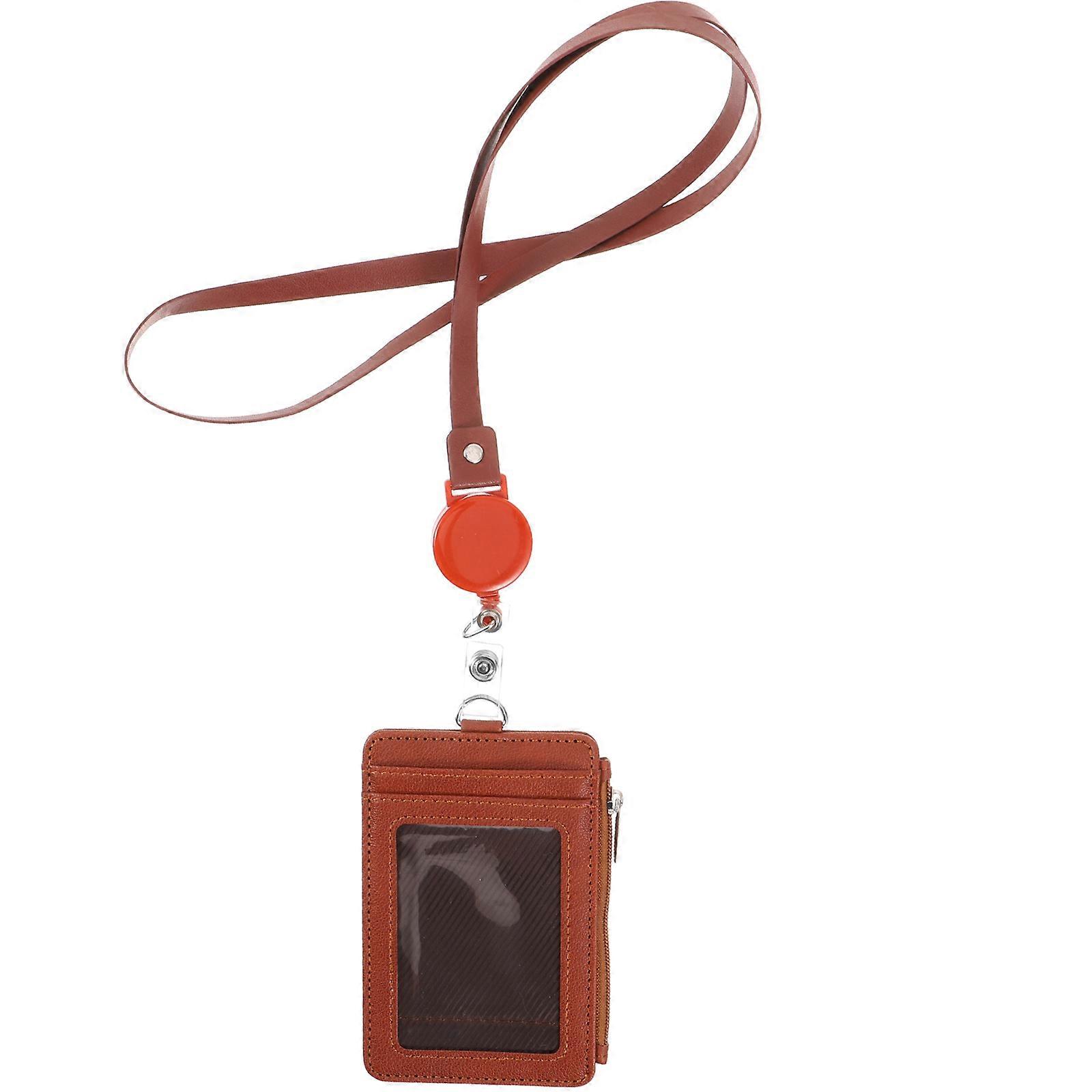 Work Badge Holder Vertical Leather Id Card Holder With Swivel Clip For Business Cards Water Resistant Brown 1Pcs
