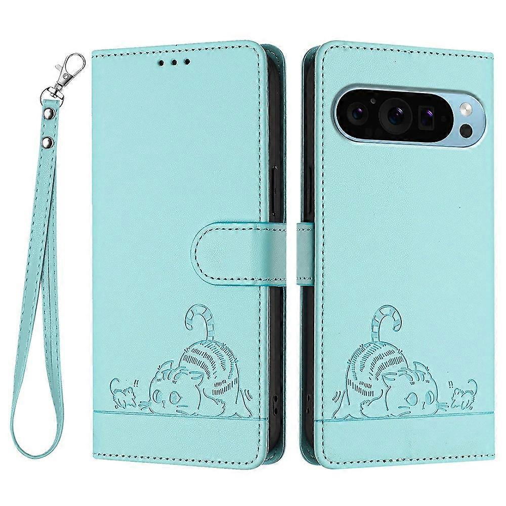 For Google Pixel 9 9 Pro Case with Strap RFID Blocking Leather Wallet Phone Cover Cat Mouse Pattern