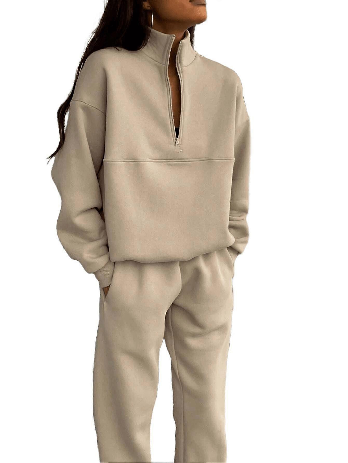 Two-piece Women Stand-up Collar Long-sleeved Versatile Casual Fashion Thickened Pants Suit Fall Winter Khaki