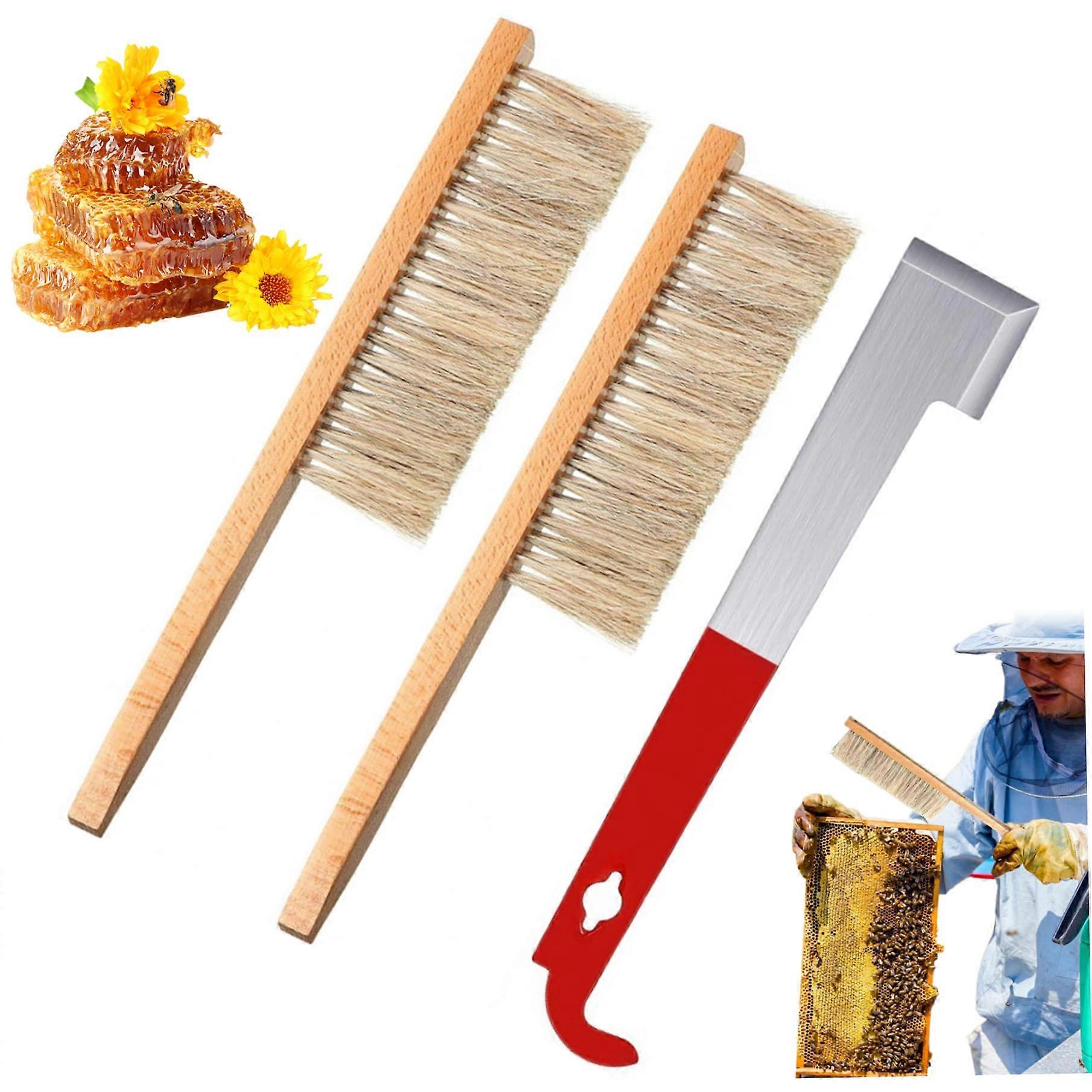 Portable Beekeeping Starter Kit with Stainless Steel J Hook Hive Tool, Wooden Handle Bee Brush, Reusable Supplies for Beginners