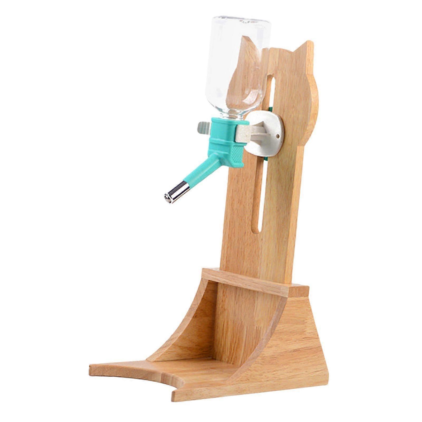 Drinking container for animals with wooden stand, water dispenser for dogs and cats, green bottle
