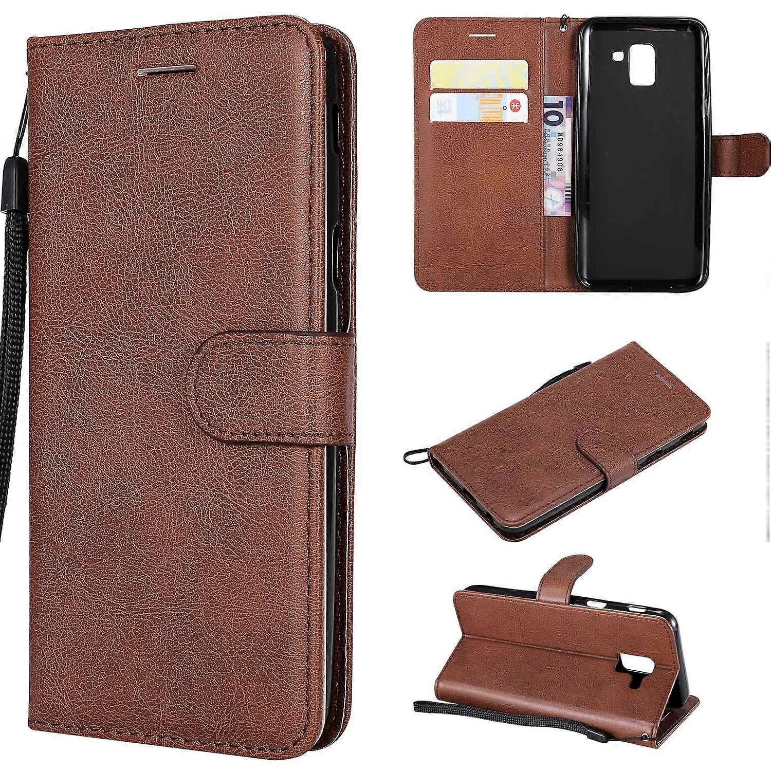 For Samsung Galaxy J6 (2018) Case Solid Color Leather Mobile Cover Wallet Stand with Strap - Brown