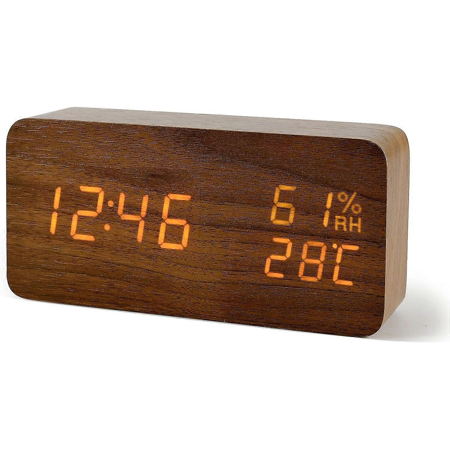 Wooden LED alarm clock, modern table clock.