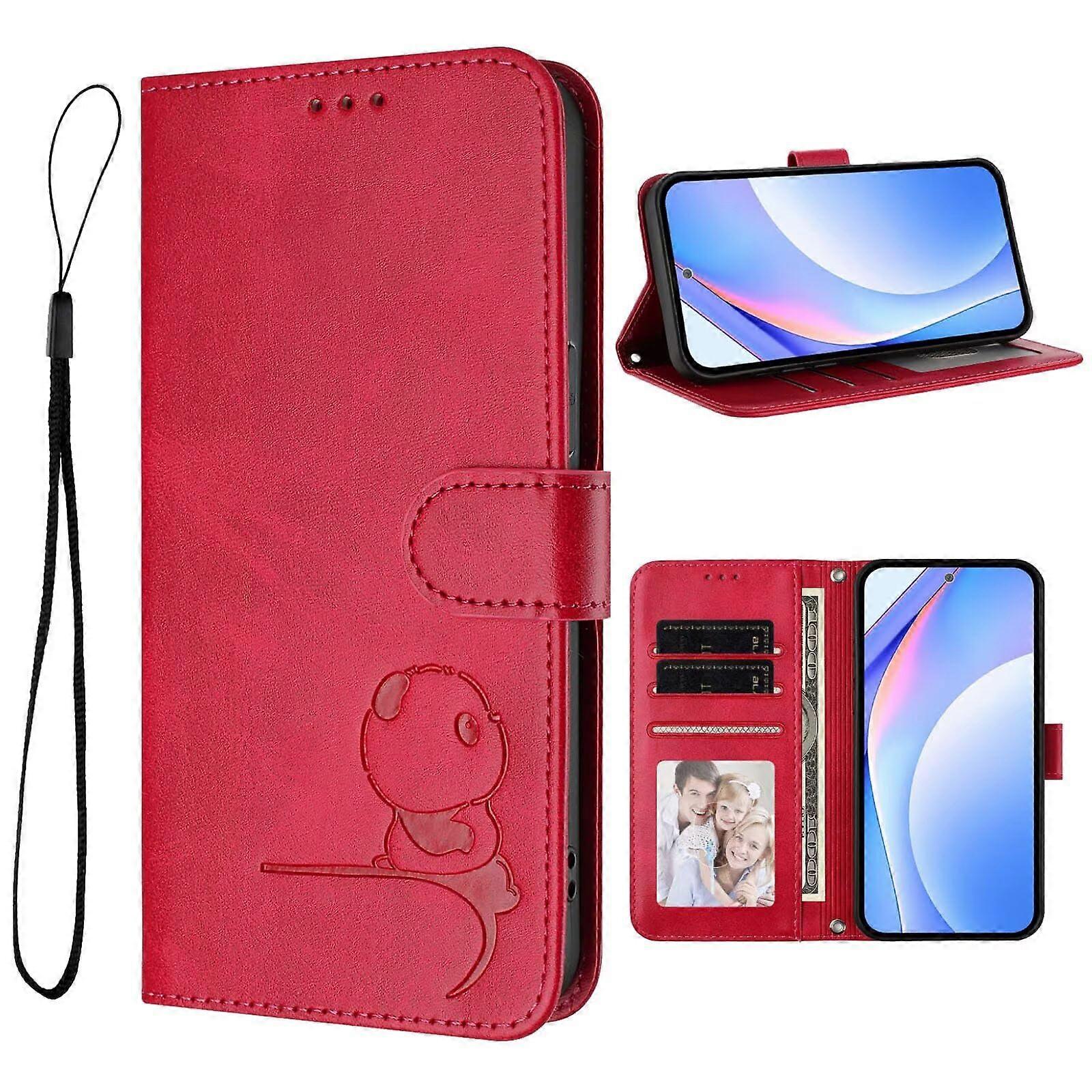 Embossed Little Panda Shockproof Leather Wallet Case for iPhone Xr red