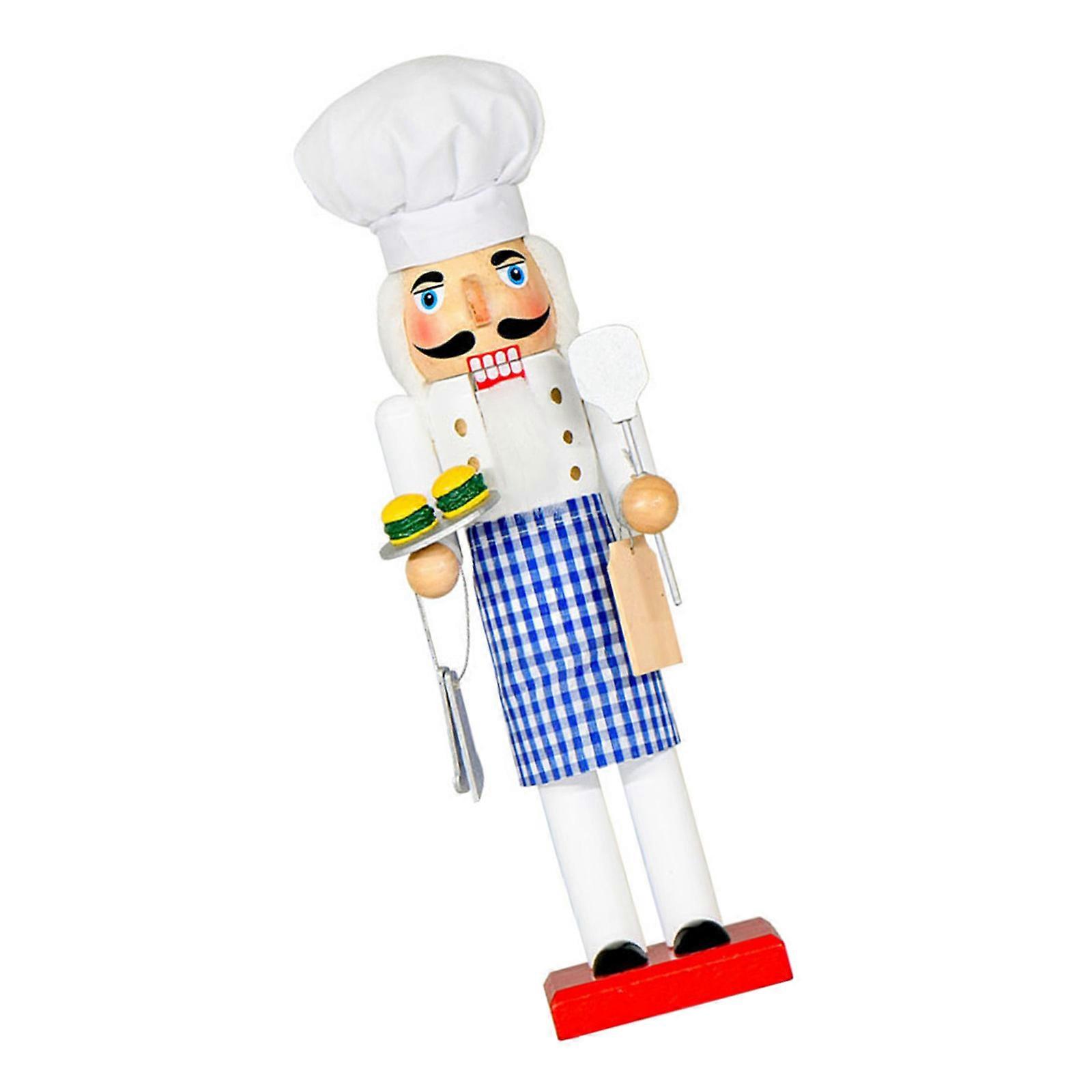 Handcrafted Wooden Christmas Nutcrackers Chefs Statue With Blue Plaids Apron Vintage Holiday Table Display Ornament Multicolor