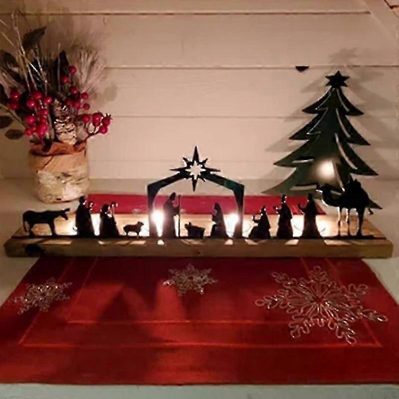 Nativity Scene Tealight Holder Metal Silhouette Wooden Candle Holder Birth Of Jesus Ornament Christmas Gifts Crafts Home Decor