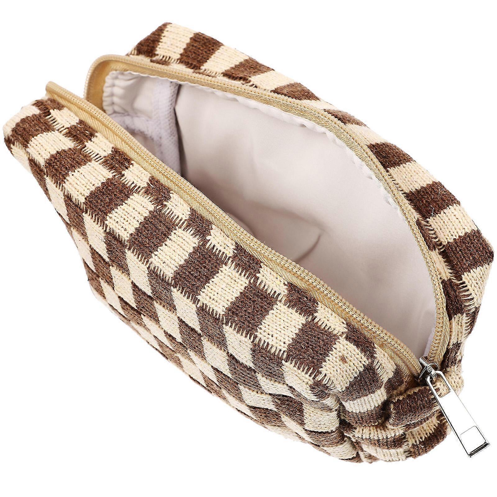 Large Capacity Woolen Yarn Makeup Bag Checkered Cosmetic Bag for Storage