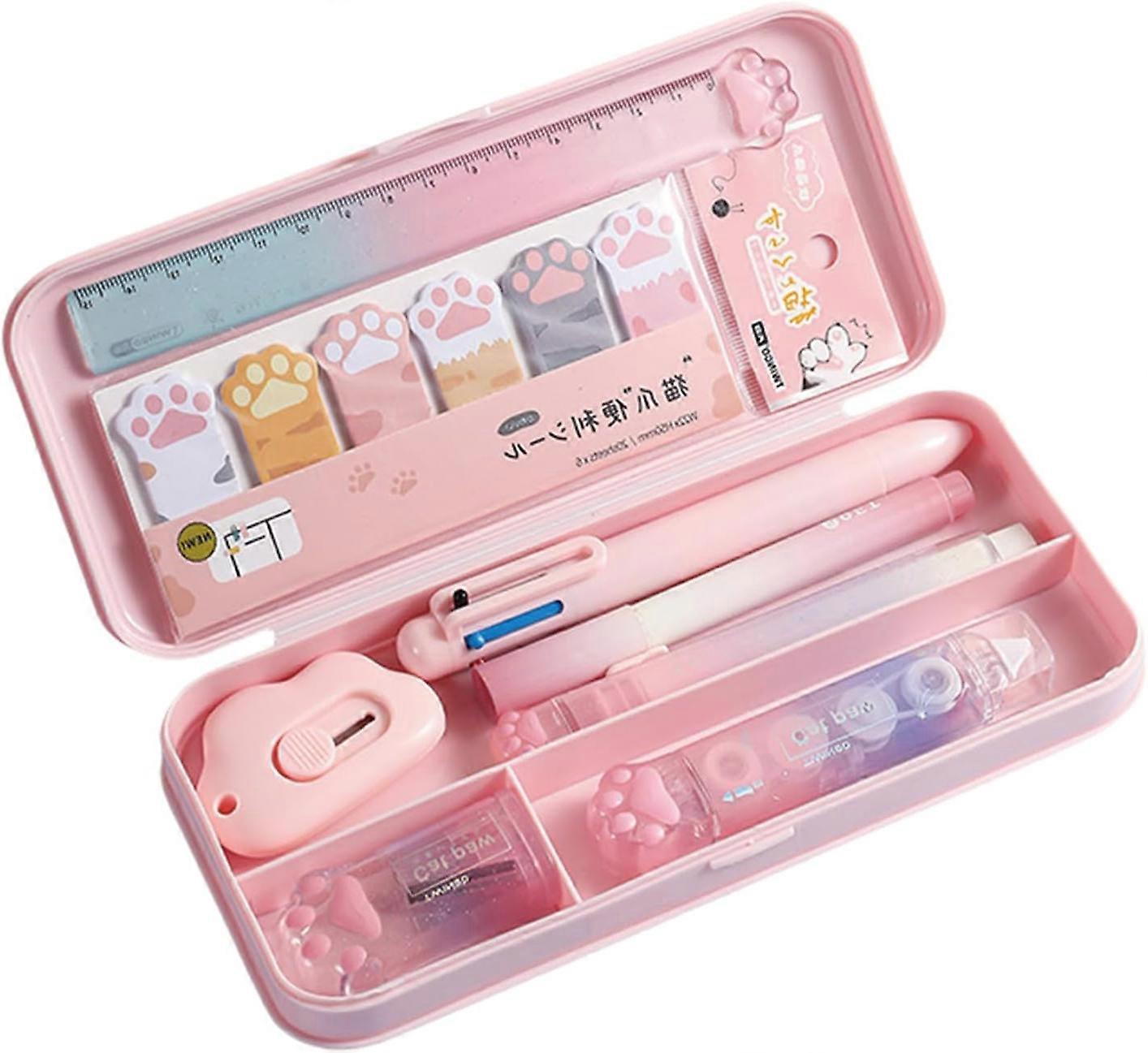 9 - Piece Cute Cat - Paw Pink Stationery Set with Pens, Pencil Sharpener, Highlighter, Eraser, Correction Tape, Ruler and Utility Knife, Ideal for Sch