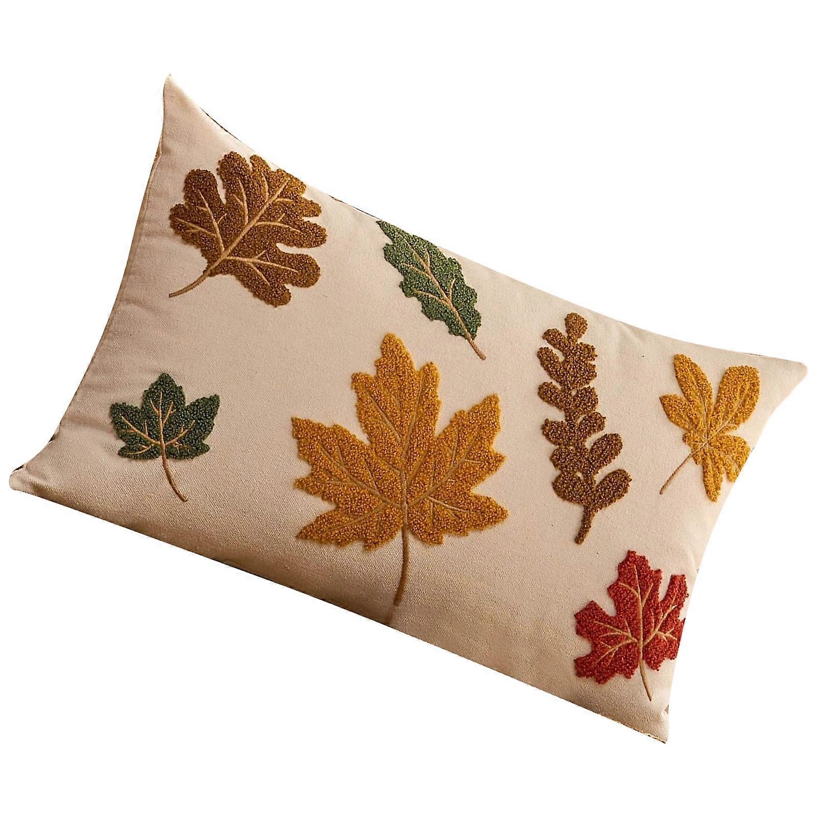 Fall Themed Embroidered Cushion Cover With Maple Leaf Pumpkin Design Polyester Fabric Decorative Accent Pillow Case Multicolor