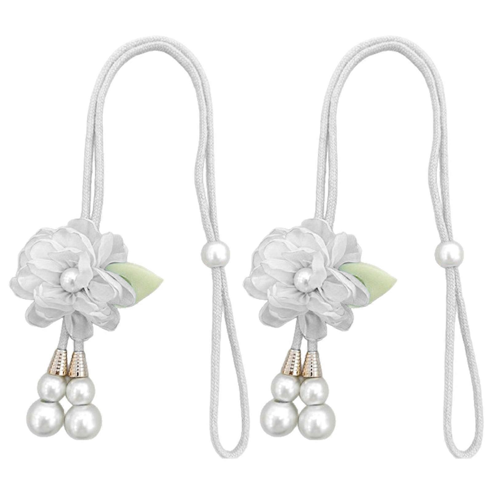 Stylish Set of 2 Curtain Tie Backs Floral Pearls Detailing Window Drapery Holdbacks Ties No Tool Mounting Solution  White